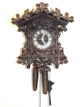 Rarely Wood Carved Wood Bord Black Forest Cuckoo Clock With 2 Weights