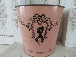 Gorgeous Old Vintage Pink Metal Waste Basket With Woman Portrait & Details