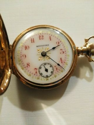 Rockford Rare 0 Size Fancy Dial 15 Jewels 14k.  Solid Gold Hunter Case.