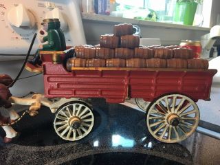 Vintage Cast Iron Budweiser Clydesdale Wagon Beer Wagon 2 - guys 8 - horses 34 - barr 4