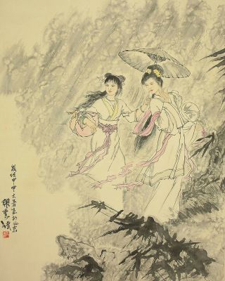 掛軸1967 Chinese Big Hanging Scroll " Two Beauties In Rain " @e206