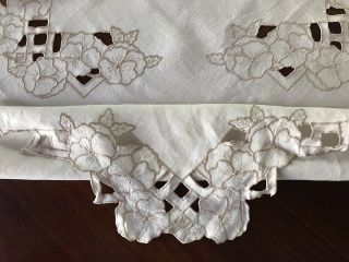Vintage Ecru Linen Pansy Embroidered Tablecloth