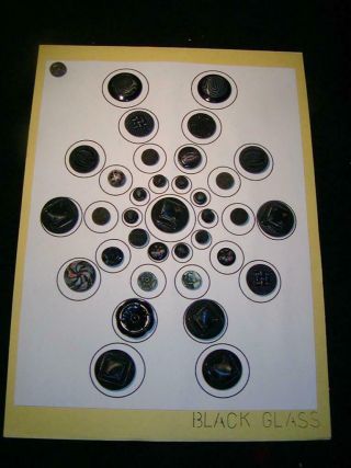 Antique Buttons - All Black Glass Jet - With A Fabric Look 36 Buttons,  Carded