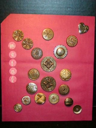 Antique Metal Buttons - Mostly Golden In Color,  Ornate Varieties,  19 Buttons