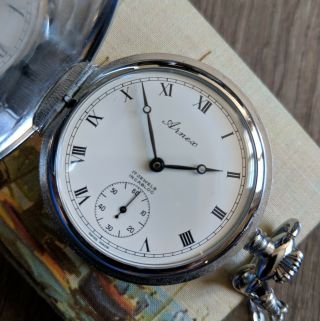 Vintage ARNEX 17 - Jewel Incabloc Pocket Watch w/ Box,  Unitas 6498 - Running 2