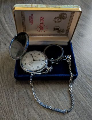 Vintage ARNEX 17 - Jewel Incabloc Pocket Watch w/ Box,  Unitas 6498 - Running 3