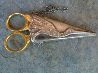 Vintage? Gold Tone Scissors With Silver Tone Chained Case