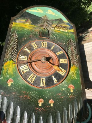 Green Old Vintage Cuckoo Clock Germany Coo Coo Mushrooms Black Forest Colorful