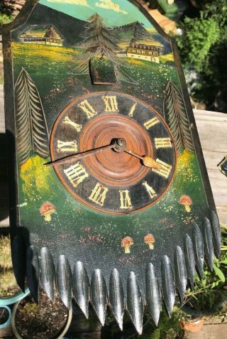 GREEN OLD Vintage Cuckoo Clock Germany Coo Coo Mushrooms Black Forest colorful 6
