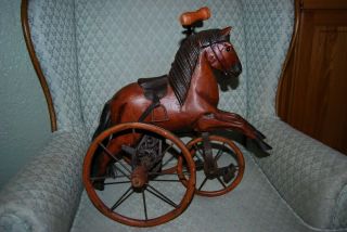 Hand Carved Wood Horse Tricycle,  Velocipede Bisque Doll Size,  Toy Display Size.