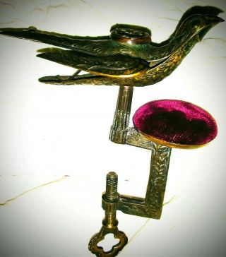 Vtg Metal Sewing Bird W/ Pin Cushion & Table Clamp,  Bird 