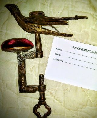 Vtg Metal Sewing Bird w/ Pin Cushion & Table Clamp,  bird ' s mouth holds fabric 2