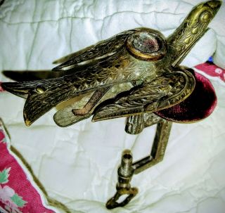 Vtg Metal Sewing Bird w/ Pin Cushion & Table Clamp,  bird ' s mouth holds fabric 5