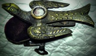 Vtg Metal Sewing Bird w/ Pin Cushion & Table Clamp,  bird ' s mouth holds fabric 7