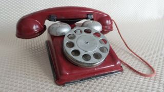 Great Vintage Red Pressed Steel Rotary Dial Telephone Toy With Bell