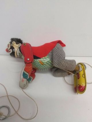 Vintage Rope Climbing Hobo Clown Tin Litho Pull String Toy T.  P.  S.  Japan 2