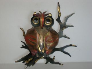 Vintage Mid Century Brass Copper Owl Wall Hanger Sculpture