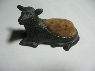 Antique Metal And Velvet Sheep Pin Cushion 2 3/8 Inches