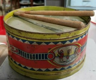 VINTAGE 1920 ' S CHILDS TOY DRUM TIN LITHO WHITAKER - GLESSNER CO.  w/ wooden sticks 2