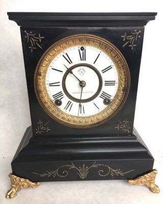 Victorian Antique Black Ansonia Mantel Mantle Clock Pat June 18 1882 Ornate