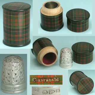 Rare Antique Clanranald Tartan Ware Thimble Box 1892 Sterling Thimble