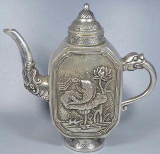 Collectable Noble Miao Silver Carve Goldfish Jump Lotus Usable Old Big Tea Pots