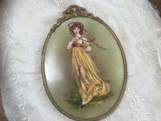 Antique Art Nouveau Brass Frame W A Hand Colored Transfer On Porcelain Of A Girl