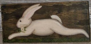 Primitive Hp Folk Art Prim Leaping Bunny Daisy Board