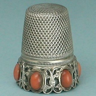 Vintage Silver Thimble W/coral Set Band Germany Circa 1920s