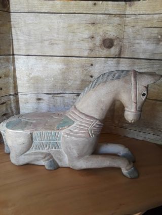 Vintage 14 " Hand Carved Wood & Painted Ornate Horse Statue Wooden Shabby