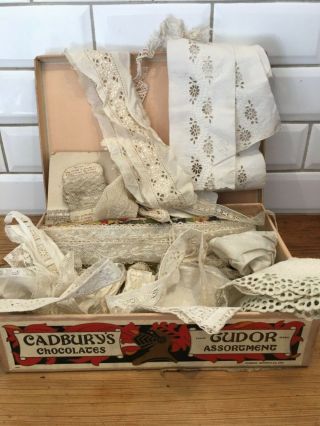 Antique Cadburys Box Full Of Lace Broderie Anglais Samples Lengths Haberdashery