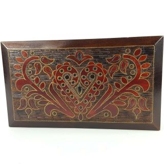 Vintage Carved Wood Box Poland w Brass Inlay Heart Scroll 10 x6 