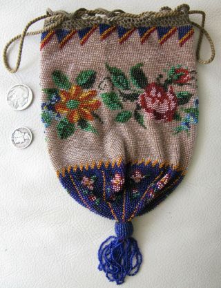 Antique Victorian Crochet Cobalt Floral French Micro Bead Tassel Reticule Purse