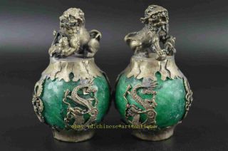 Rare Miao Silver Carve Kylin & Dragon Phoenix Inlay Green Jade Lucky Pair B01