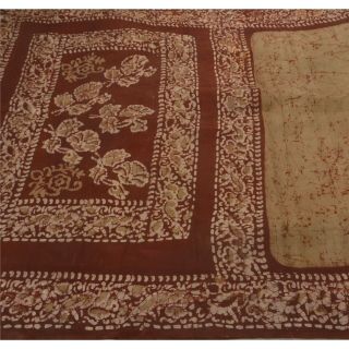 Sanskriti Vintage Cream Saree Pure Silk Batik Work Sari Craft 5 Yd Decor Fabric