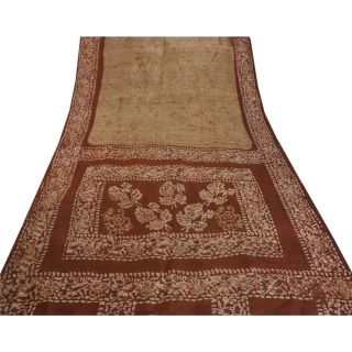 Sanskriti Vintage Cream Saree Pure Silk Batik Work Sari Craft 5 Yd Decor Fabric 4
