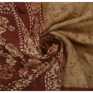 Sanskriti Vintage Cream Saree Pure Silk Batik Work Sari Craft 5 Yd Decor Fabric 5