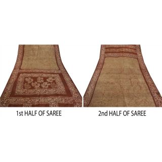 Sanskriti Vintage Cream Saree Pure Silk Batik Work Sari Craft 5 Yd Decor Fabric 7