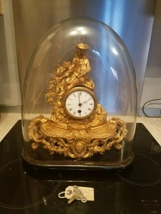 Antique 19th Cent French Omolu Mantel Clock With Glass Dome,  Base And Key