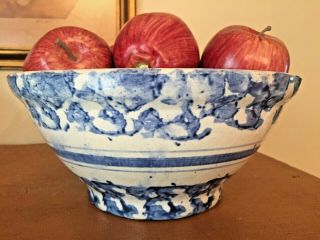 Antique Blue White W/ Blue Bands - Spongeware Stoneware Mixing Bowl 10 X 4 1/2