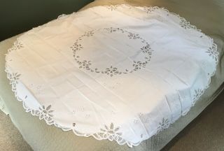 Large Vintage White Cotton Batten Lace Floral Embroidered 72” Round Tablecloth
