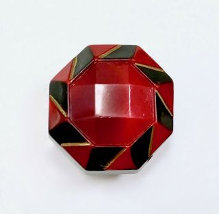 Vintage Octagon Shaped Red Orange Glass Button With Black And Gold Rim