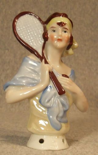 German Half Doll Pincushion Doll Deco Girl Holding Tennis Racquet Cond