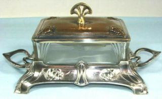 Antique,  Art Nouveau Silver & Floral Etched Glass Vanity Box 9 " X 4 "