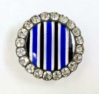 Deluxe 18th C.  Button With Blue,  White & Black Stripes Under Glass,  Paste Border