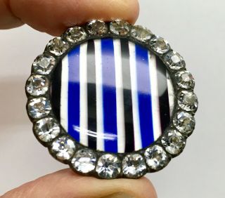 Deluxe 18th c.  button with blue,  white & black stripes under glass,  paste border 6
