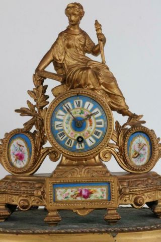 Antique French Mantel Clock Sevres Style Porcelain Panels,  Gilt Metal Case & Sta