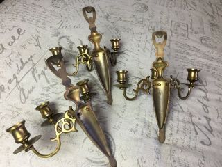 Set Of 3 Cm Almy Brass Three Tri Arm Wall Candle Sconces Church Clergy Vintage
