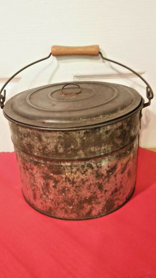 Antique 6.  5 " Tin Berry Bucket / Lunch Pail W/ Lid & Bail & Wood Handle