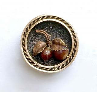 Unusual 2 - Piece Brass Cup Button With 2 Applied Glass Berries With Brass Leaves